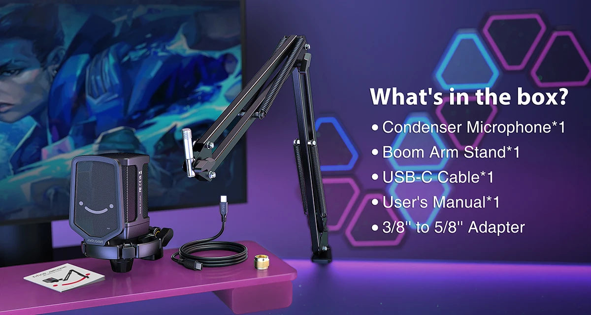AmpliGame Gaming USB Microphone Set with Quick Mute,RGB Condenser Mic Kit with Vol Gain,Noise Reduction for Streaming,PC,PS5-Q6T