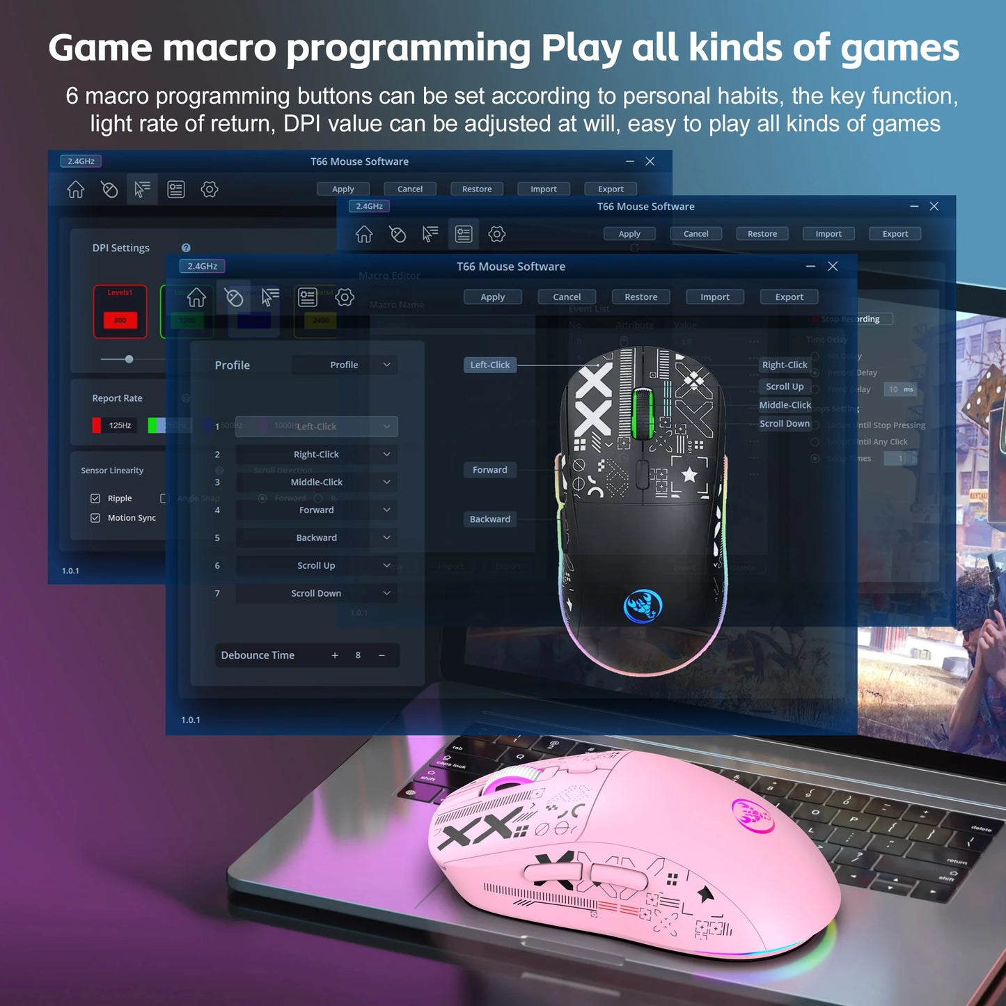 2025 New 3-Mode Wireless Gaming Mouse RGB Macro Ergonomic, 6 Programmable Buttons, Silent Click, Pink for PC/Laptop