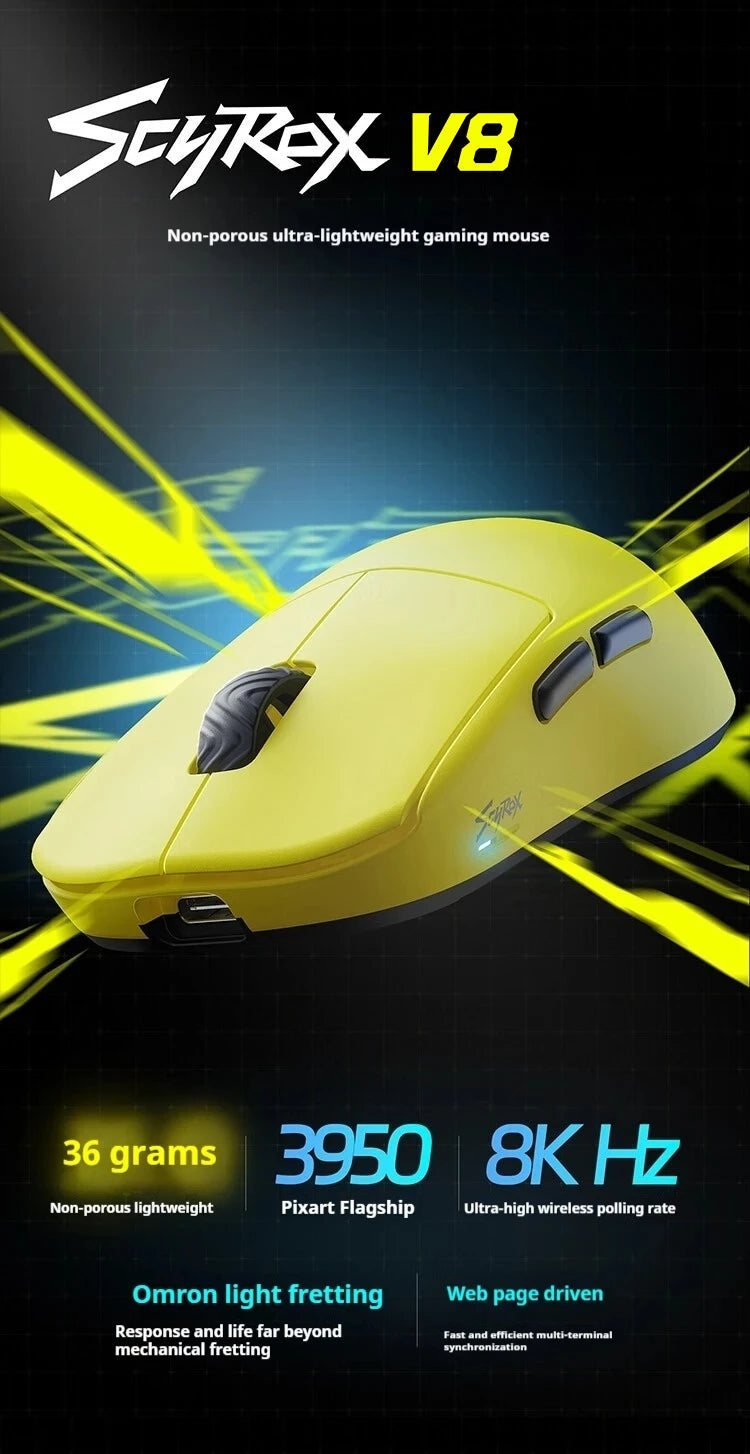 Ready-Stock Scyrox V8 Mouse 8k Return Paw3950 Dual Mode Wireless E-Sports Mouse Ergonomics 36g E-Sports Mice Pc Gamer Accessory