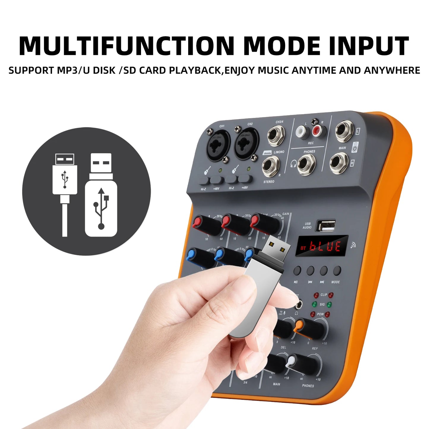 Studio Audio Mixer with 4-Channel Selectable Inputs, Built-in MP3 Player, 12KHz/80Hz EQ, +30dBu Max Output - Ideal for Live & Re