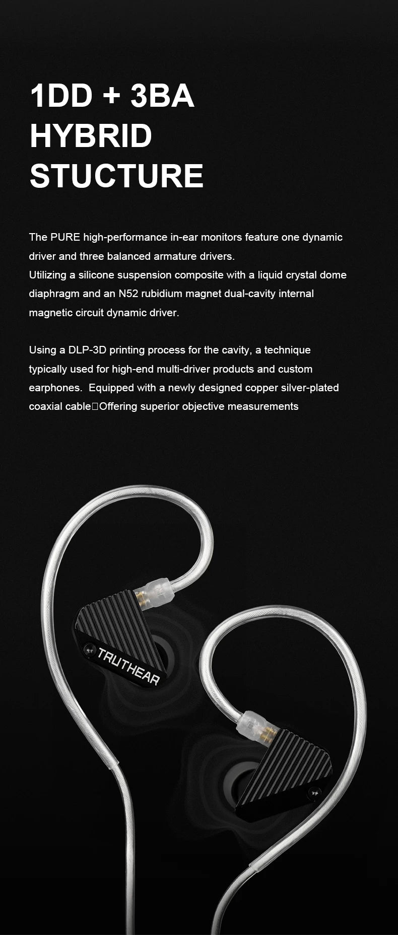 TRUTHEAR PURE earphones 1DD+3BA Hybird Wired in-ear  headphones HIFI earplugs 3.5mm plug 0.78mm 2pin gaming headset