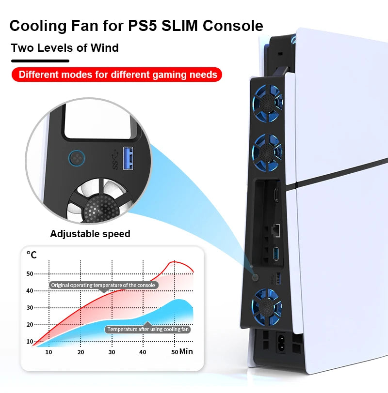 Gaming Cooler Fan Efficient Cooling System with LED Light Noise Reduction for PS5 Slim Cooling Fan Disc and Digital Console
