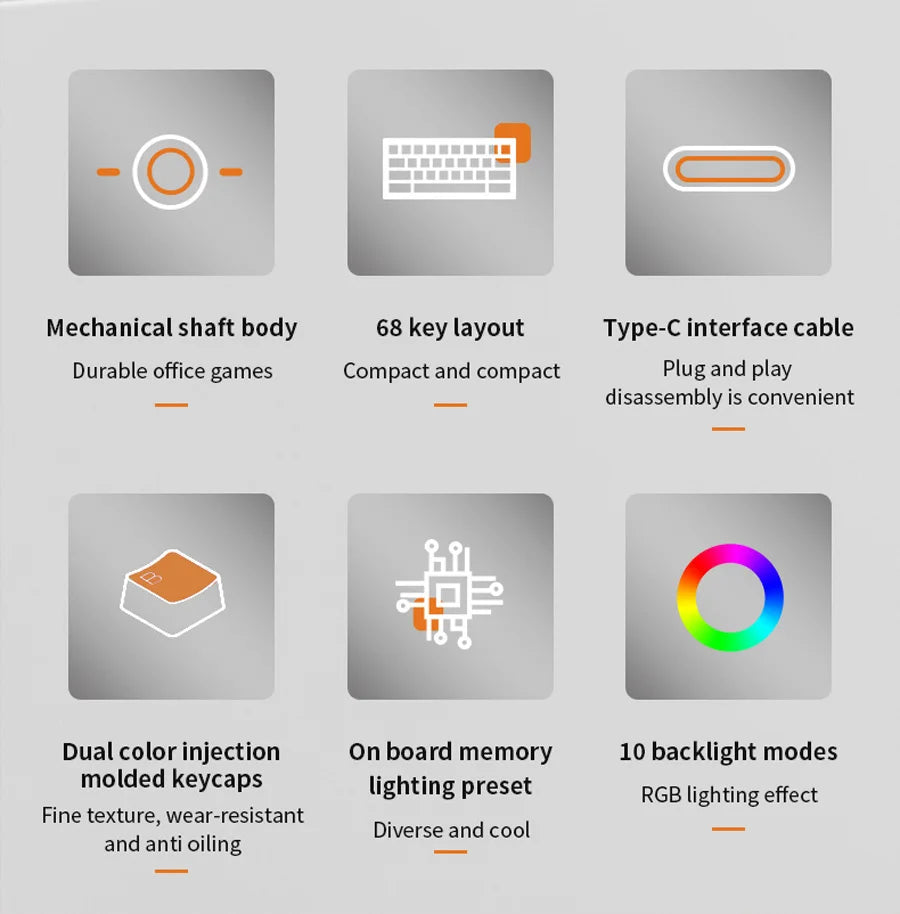 K68 Wired Mechanical Keyboard 10Kinds of Colorful Lighting Gaming and Office For Microsoft Windows and Apple IOS System