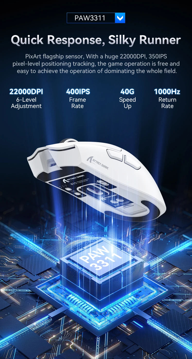 Attack Shark X11 Black Bluetooth Wireless Mouse Three Mode 2.4G PAW3311  RGB  PC Magnetic charging dock ,Gaming E-sports Mouse
