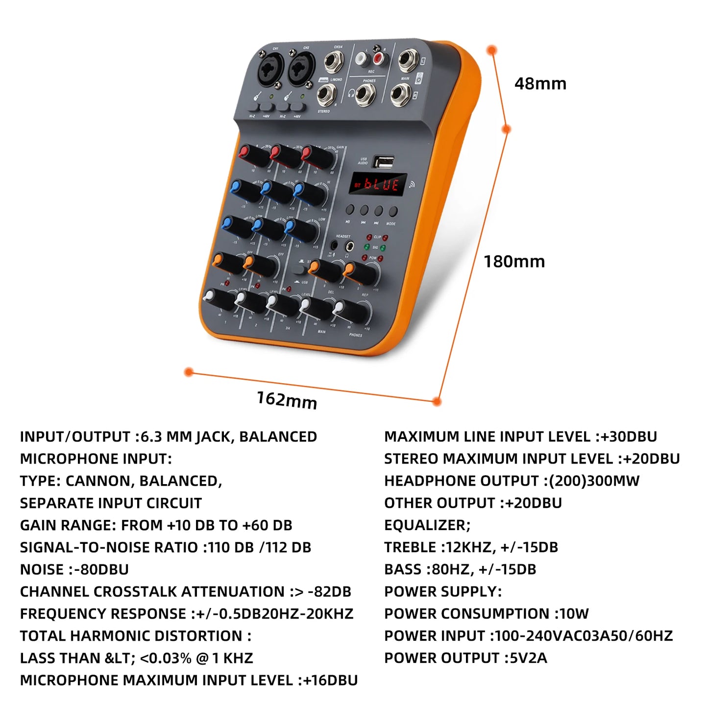 Studio Audio Mixer with 4-Channel Selectable Inputs, Built-in MP3 Player, 12KHz/80Hz EQ, +30dBu Max Output - Ideal for Live & Re