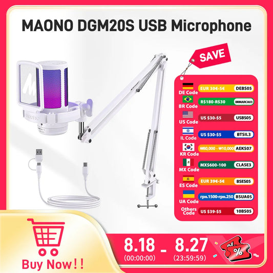 Maono Gamerwave DGM20S USB Microphone Gaming Mic Condenser Mic RGB Mic Noise Canceling Mic with Mic Gain,RGB Light,One key mute