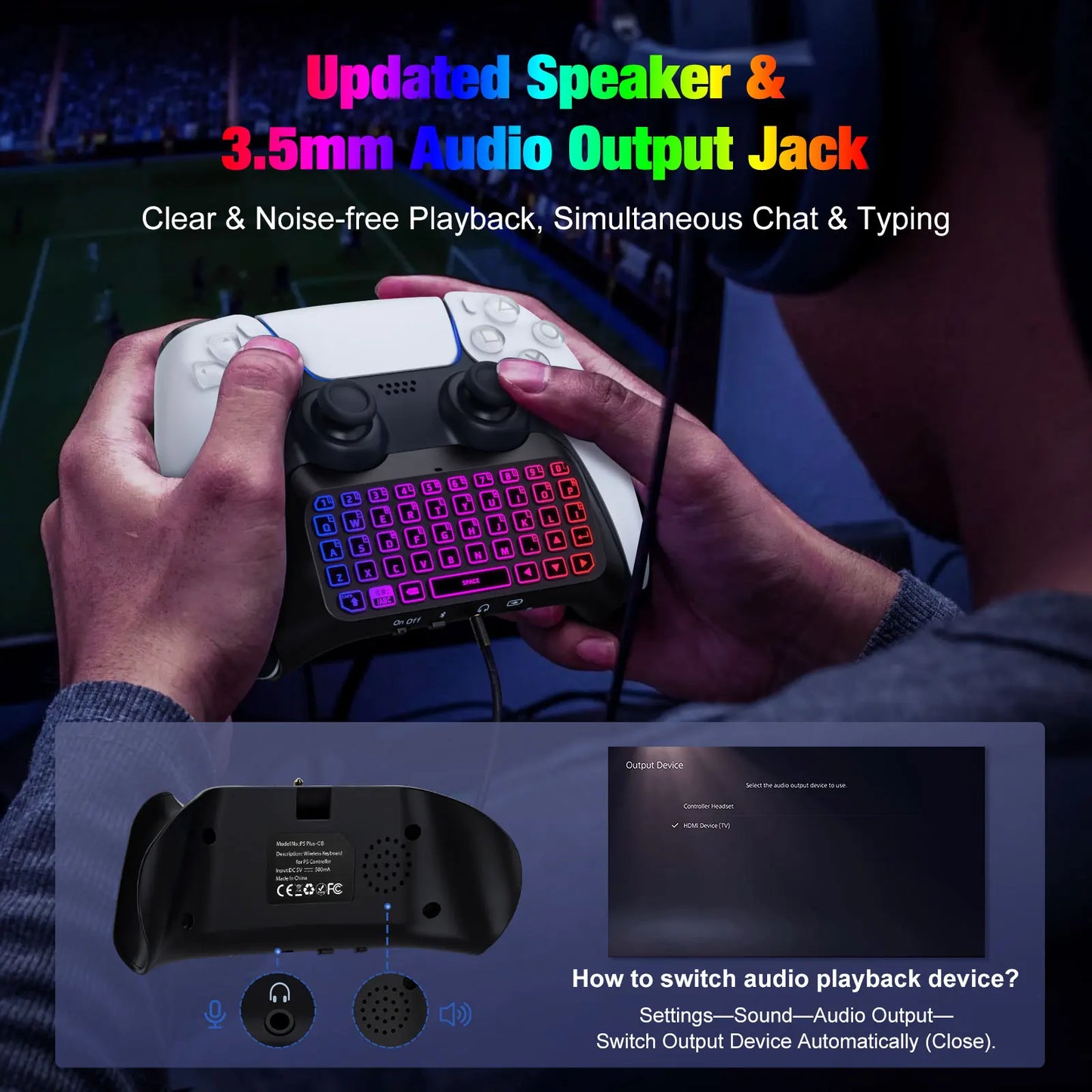 RGB Backlight Keyboard for PS5 Controller,Bluetooth Wireless Mini Gamepad Chatpad for Playstation 5 with Upgraded Speaker
