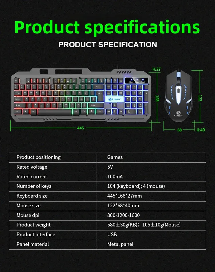 Limei T25 Metal Gaming Keyboard Mouse Set Backlit Floating Mechanical Feel USB Computer Peripherals from Mainland China