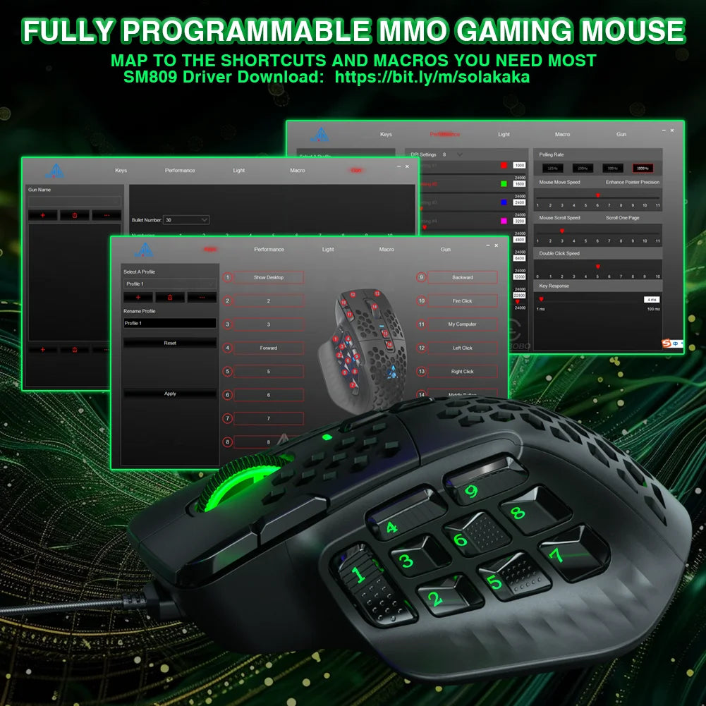 SOLAKAKA SM809 Wired Gaming Mouse 16 Side Buttons 22800 DPI Programmable Macro MMO Mouse Gamer PAW3311 Honeycomb Ergonomic RGB