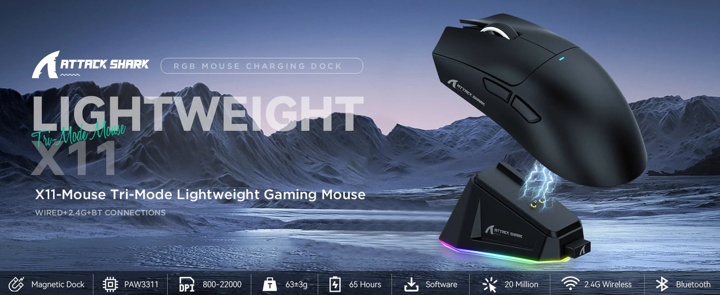 Attack Shark X11 Tri-mode Gaming Mouse with Magnetic Charging Dock, PixArt PAW3311 Sensor, 22K DPI, BT/2.4Ghz/Wired, for PC/MAC