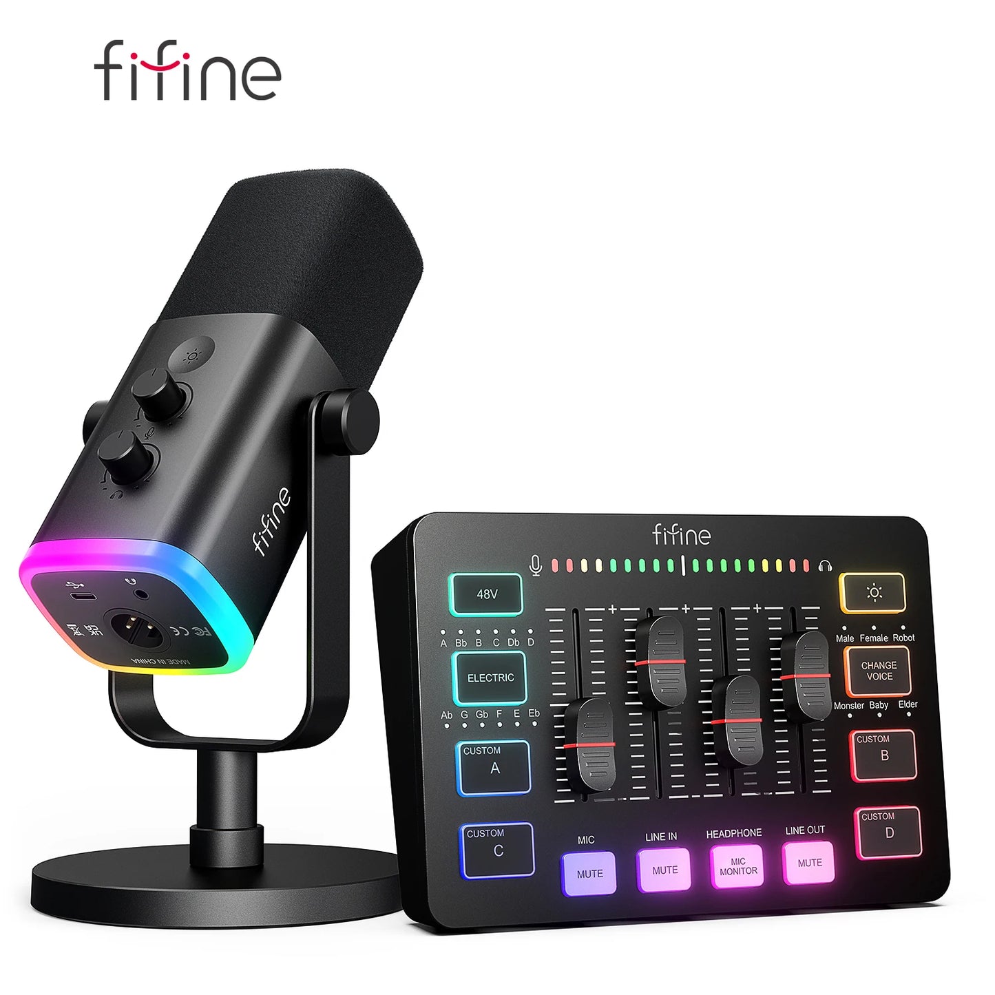 FIFINE RGB Streaming Podcast Kit with Dynamic Mic & Audio Mixer for Gaming/Recording/Live Streaming, Instant Audio Control- KS5W