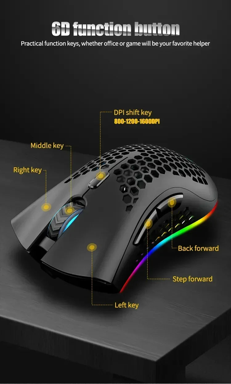 BM600 Wireless Mouse USB 2.4G Wireless RGB Optical Cellular Gaming Mouse Ergonomic Optical Honeycomb Office Wireless Mouse