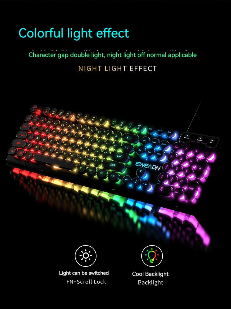 EWEADN GX330 Typewriter Gaming Keyboard, 104 Keys Wired Retro Punk Round Keycaps, with RGB Backlit, for Windows Laptop PC black